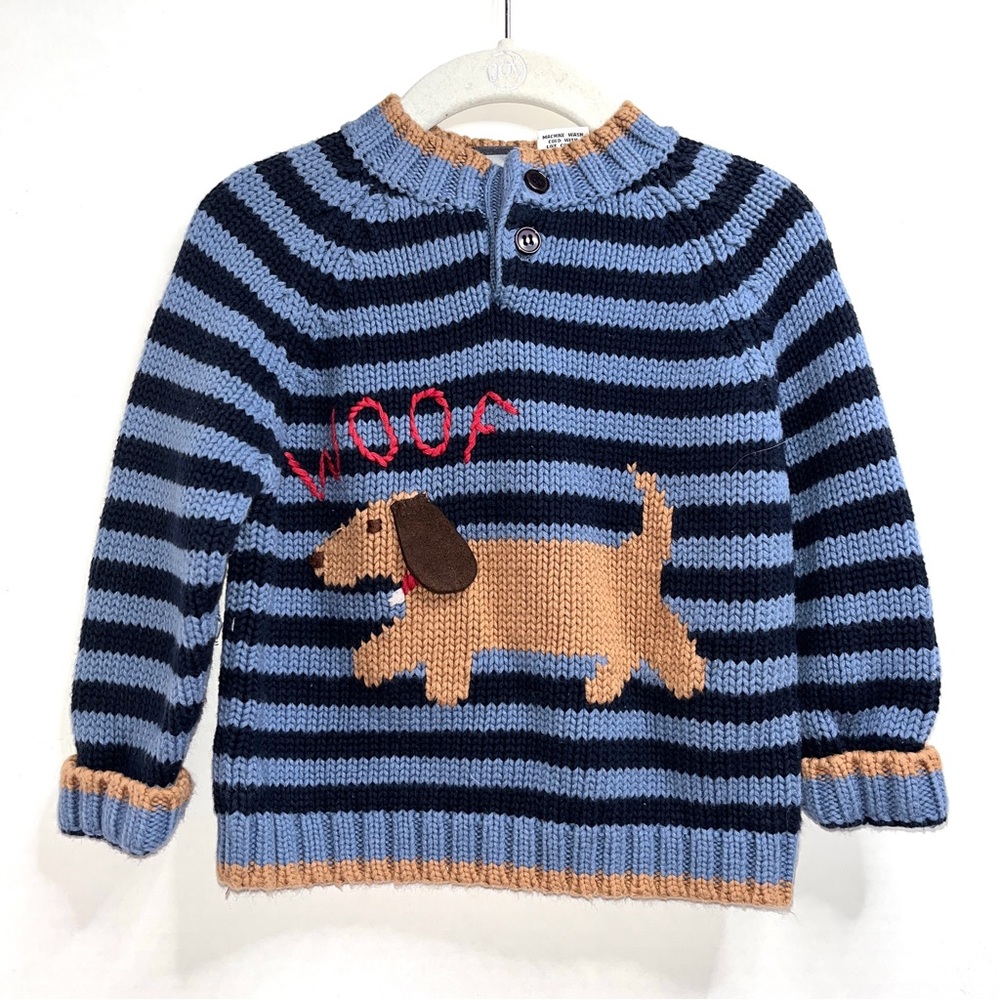 Bowen & Wright pullover sweater, 100% cotton, blue and navy stripe with dog